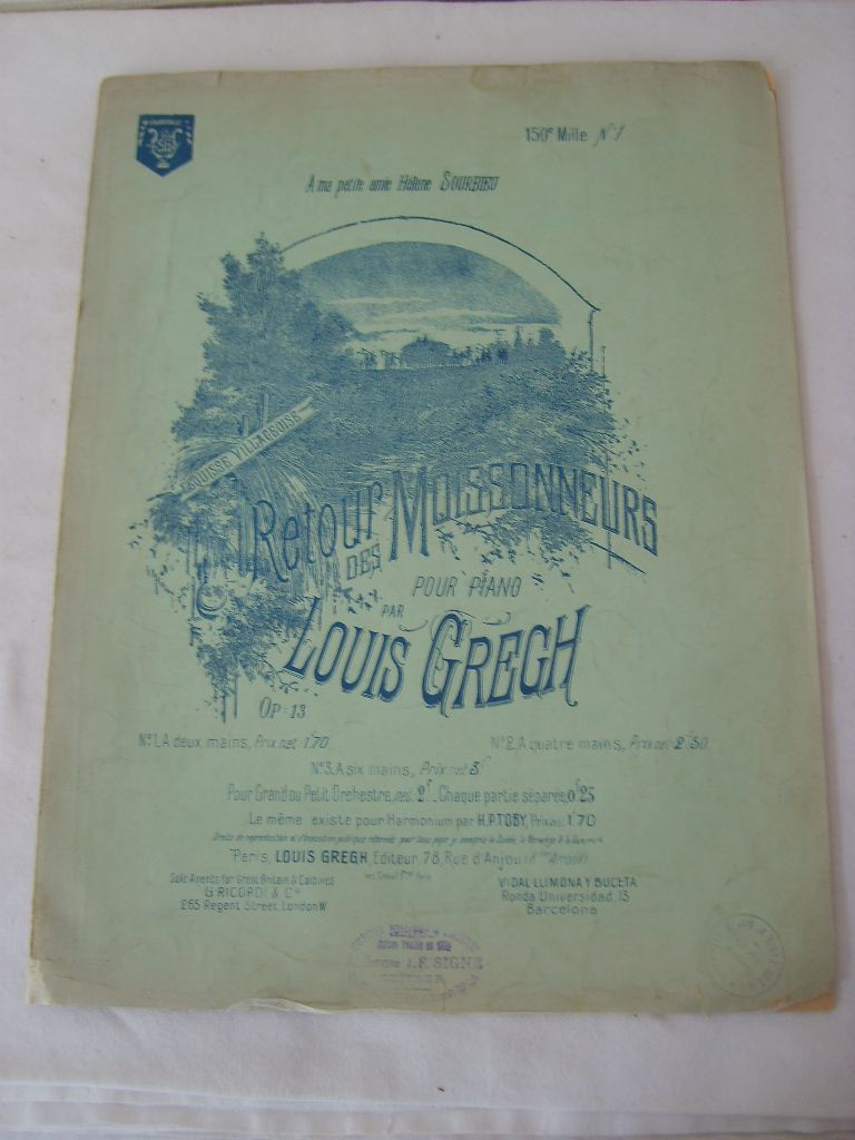 GREGH (Louis) - Retour des moissonneurs. Esquisse villageoise. Opus 13. Pour piano.