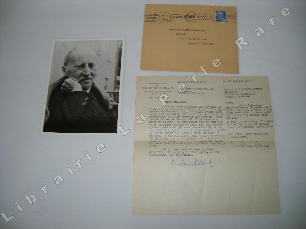 [ROLLAND (ROMAIN)] - Deux lettres dactylographies + enveloppe de l'Association des Amis de Romain ROLLAND, adresses  Pierre VILOIN-GOULET, libraire-diteur  Clamecy (ville natale de Romain ROLLAND), dates de 1953.