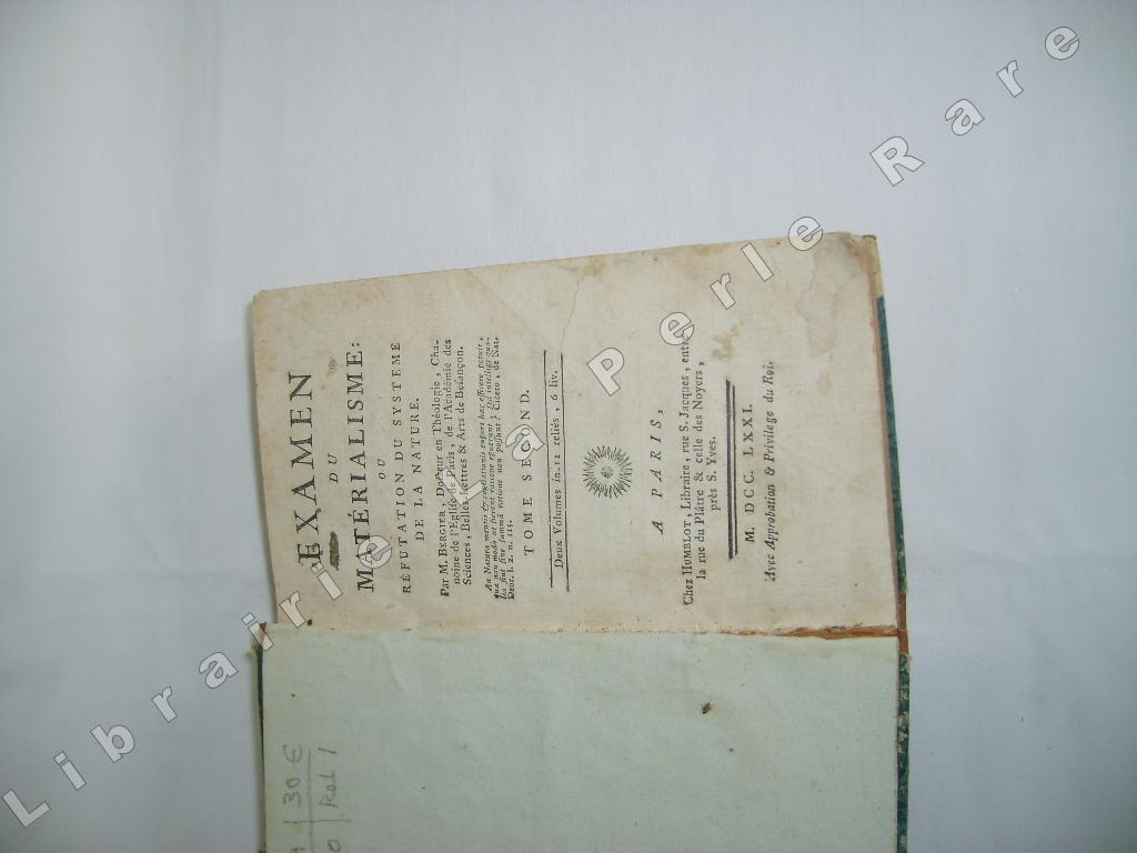 BERGIER (Nicolas) - Examen du matrialisme ou rfutation du systme de la nature. Tome 2 seul.