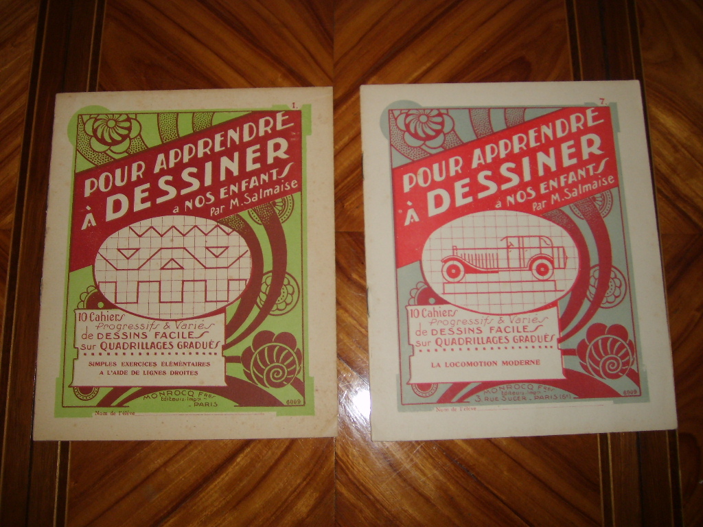 SALMAISE (M.) - Pour appprendre  dessiner  nos enfants. 10 cahiers progressifs & varis de dessins faciles sur quagrillages gradus. Cahier n 1 : simples exercices lmentaires  l'aide de lignes droites & cahier n7 : la locomotion moderne.
