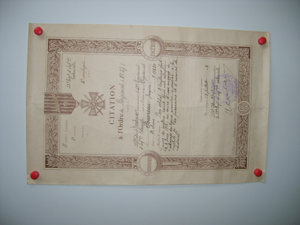  - Citation  l'Ordre du Rgiment de Prouveau Jacques le 28 aot 1918.