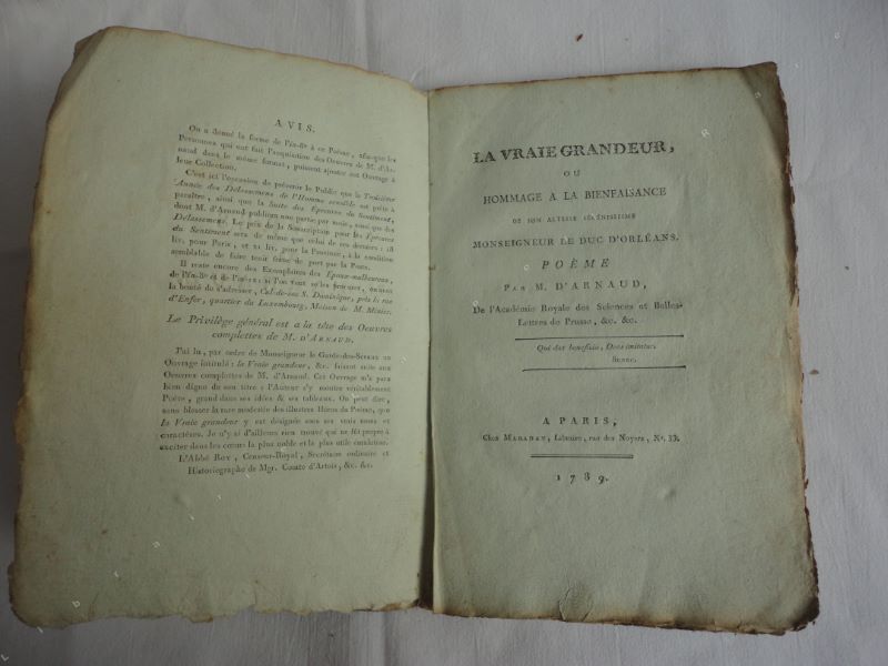 D'ARNAUD (FRANOIS-THOMAS-MARIE DE BACULARD) - La vraie grandeur, ou Hommage  la bienfaisance de son altesse srnissime monseigneur le duc d'Orlans. Pome.