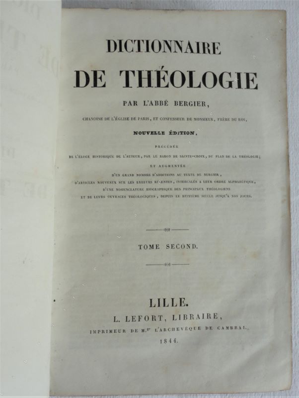 BERGIER (NICOLAS) - Dictionnaire de thologie. Tome second seul. EAU  KYR.