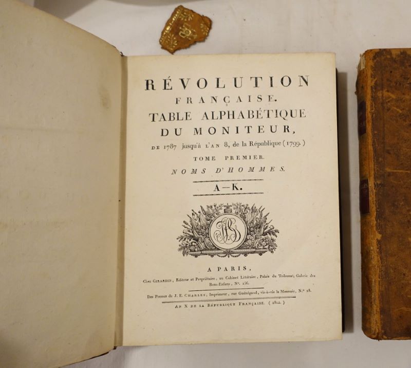  - Rvolution franaise, table alphabtique du Moniteur de 1787  l'an 8 de la rpublique (1799). Tome 1 : Noms d'hommes, A-K ; tome 2 : Noms d'hommes, L-Z.